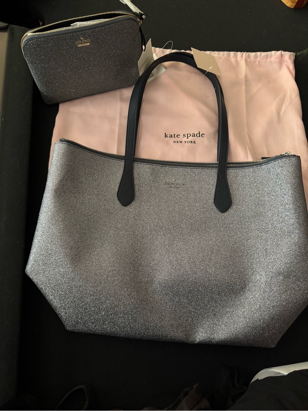 Kate Spade- Metallic Gray Glitter Purse and Make up Bag.